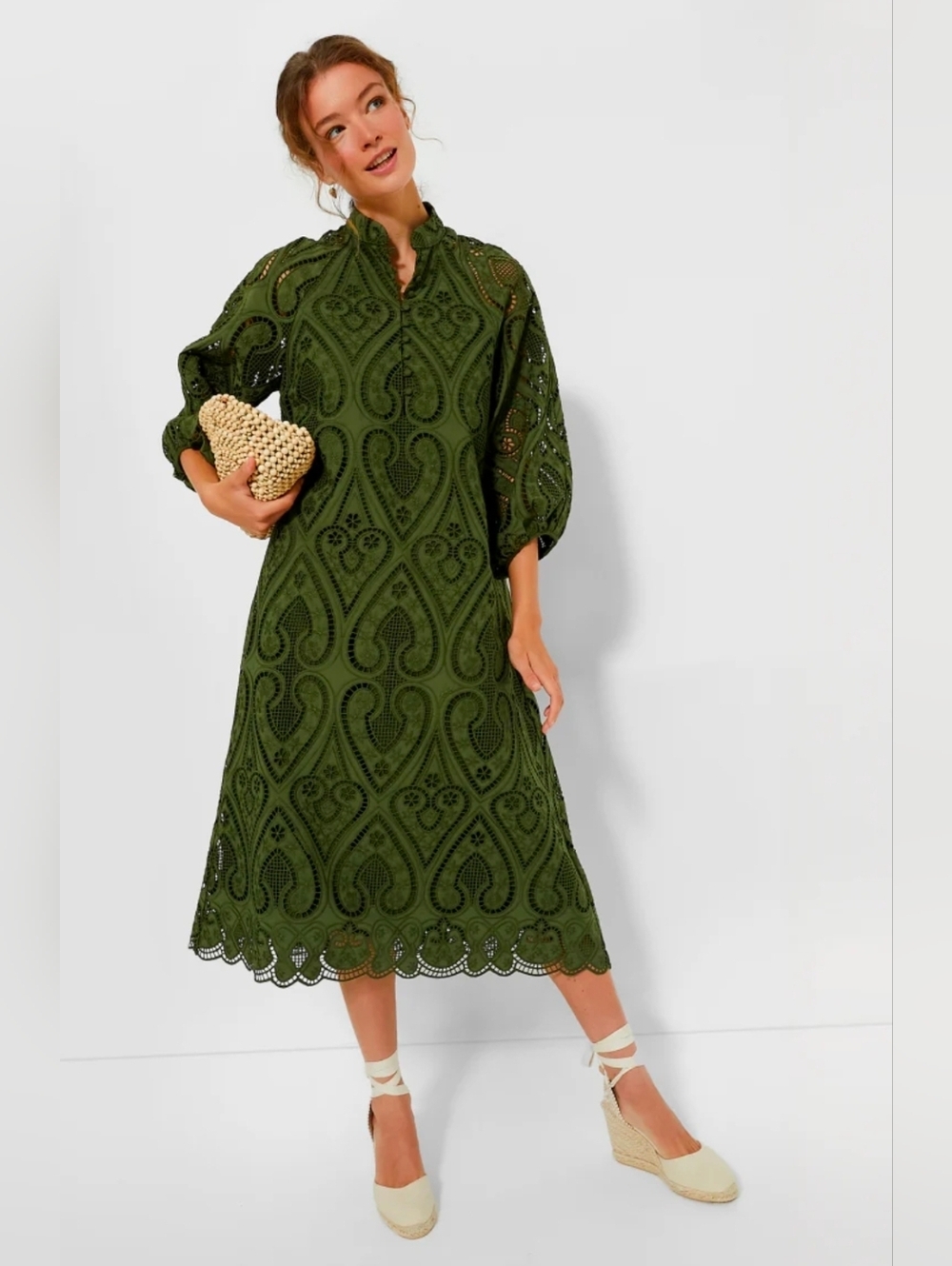 Tuckernuck Olive Green Eyelet Midi Dress - Size L